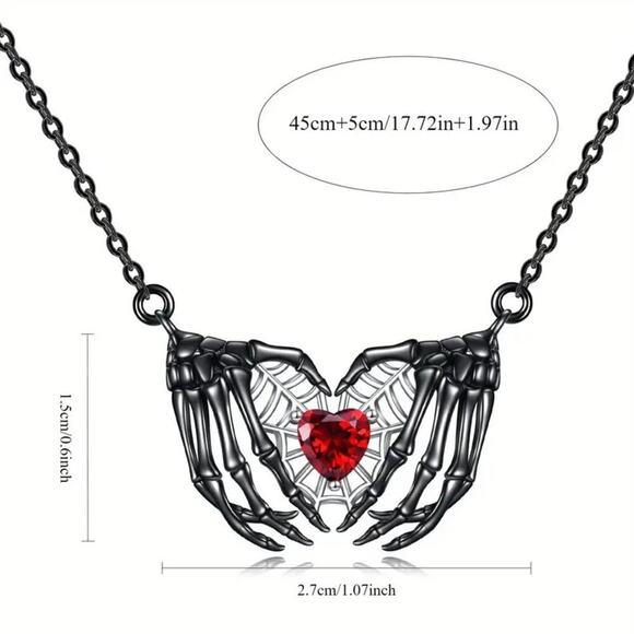 NEW Gothic Skeleton Hands Heart Necklace – Black Pendant with Red Crystal - Picture 4 of 4